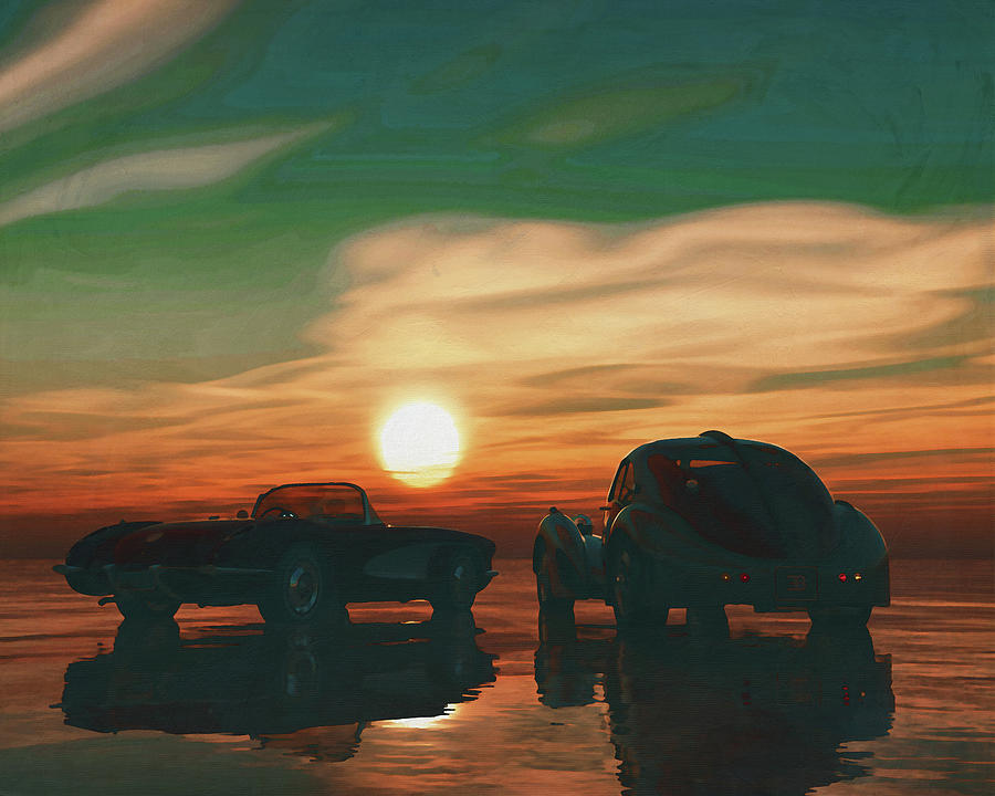 Two vintage cars on the beach at sunset Painting by Jan Keteleer