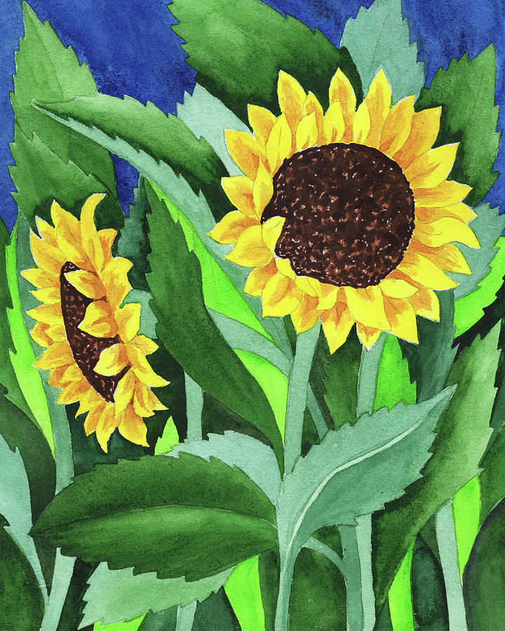 Two Watercolor Sunflowers In The Garden Painting