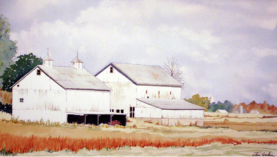 Two White Barns Painting by Jim Gerkin