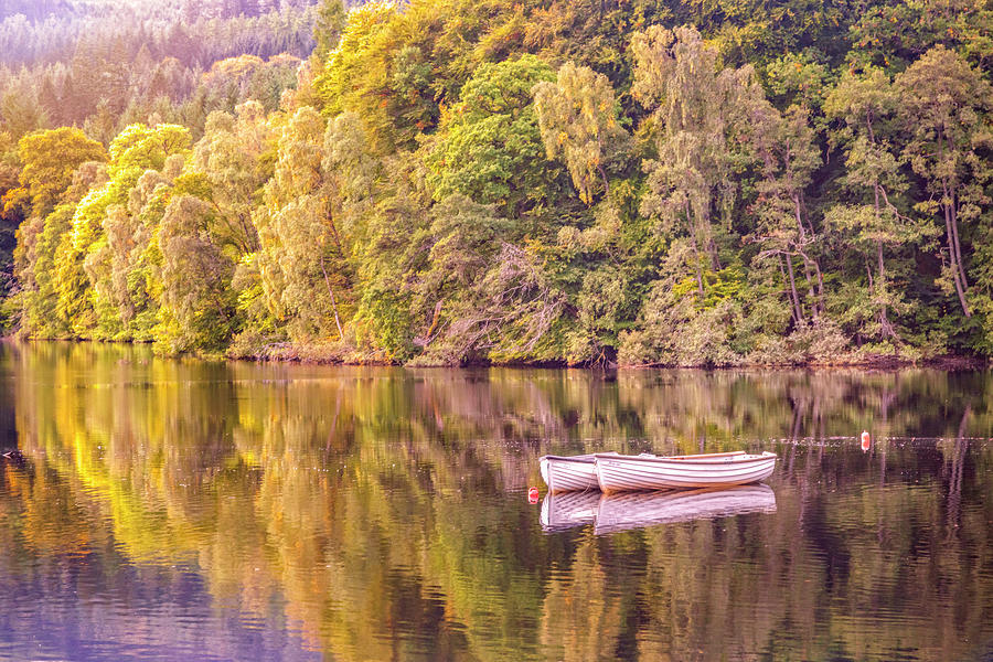 Boat Photograph - Two White Rowboats on a MIsty Autumn Lake at Pitlochry by Debra and Dave Vanderlaan