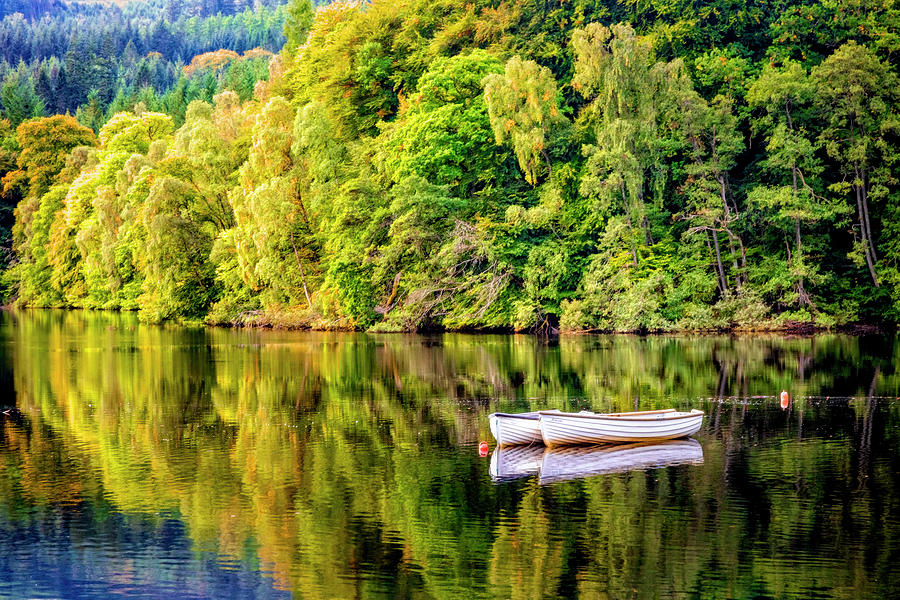 Two White Rowboats on the Lake at Pitlochry Photograph by Debra and Dave Vanderlaan
