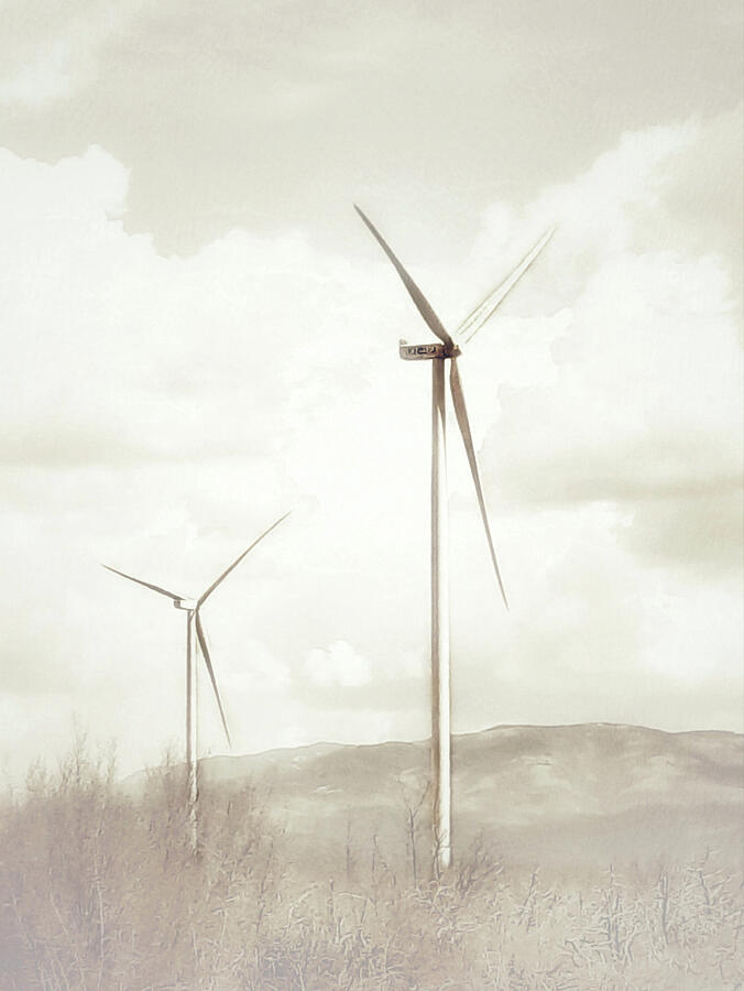 Abstract Photograph - Two Wind Turbines, Artistic Landscape in Beige  by Antonia Surich