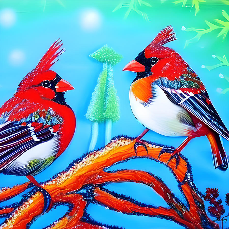 Two Winter Cardinals Digital Art by Cindys Creative Corner