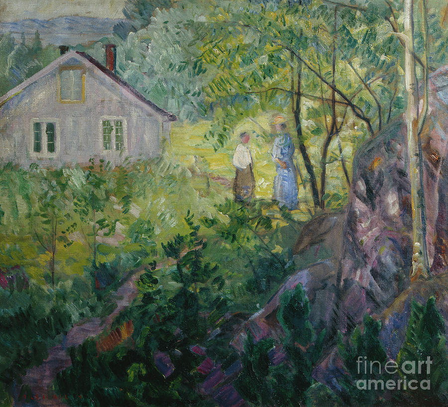Two woman in the garden, 1914 Painting by O Vaering by Lars Jorde