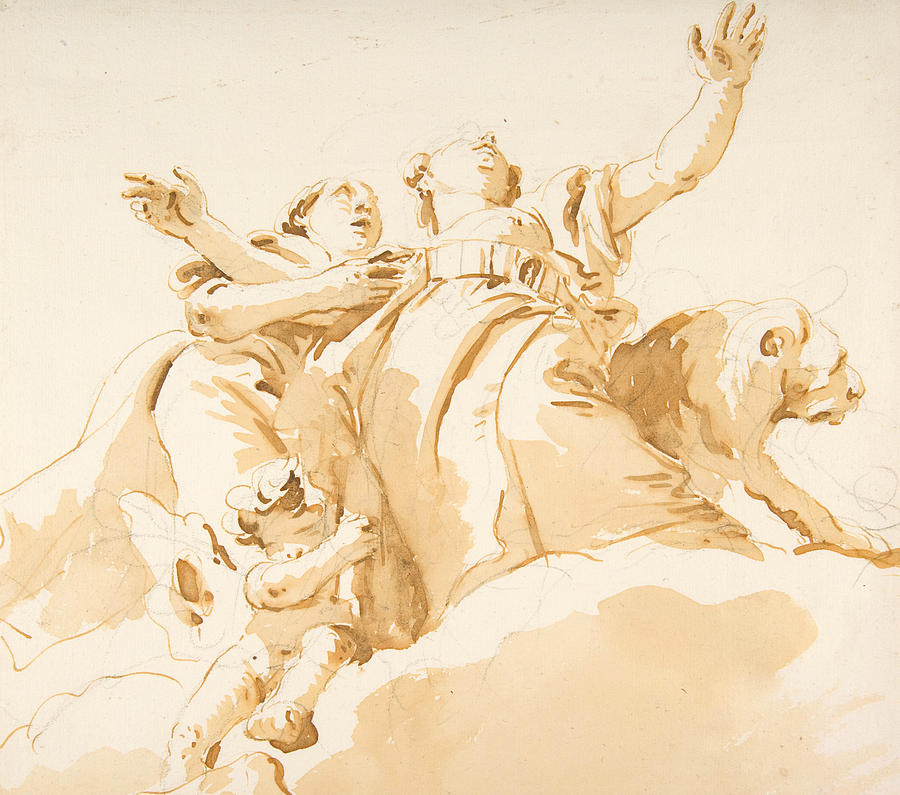 Two Women, a Lion, and a Putto on Clouds Drawing by Giovanni Battista Tiepolo