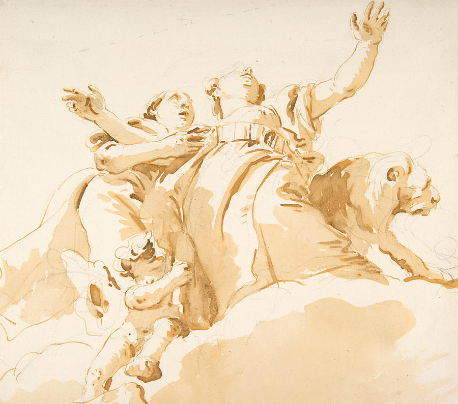 Italian Painters Drawing - Two Women, A Lion, And A Putto On Clouds by Giovanni Battista Tiepolo Italian Painters Drawing - Two Women, A Lion, And A Putto On Clouds by Giovanni Battista Tiepolo