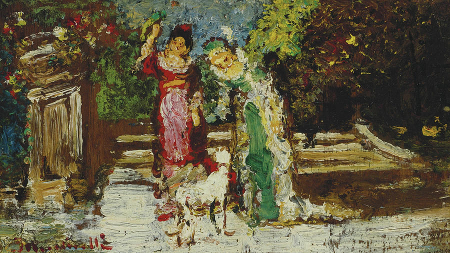 Two Women and Dog Painting by Adolphe Monticelli