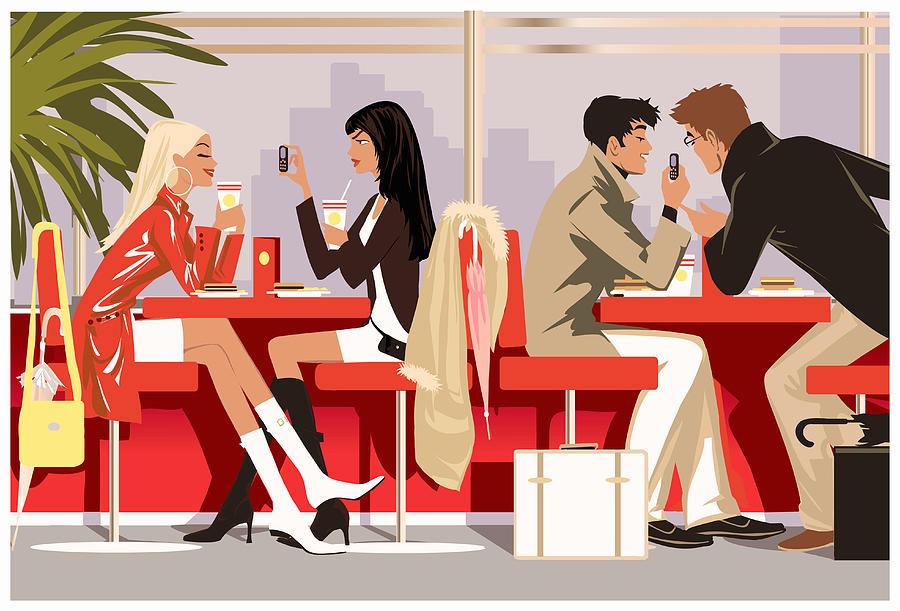Two women and two men in caf?, holding mobile phones Drawing by Mike Wall