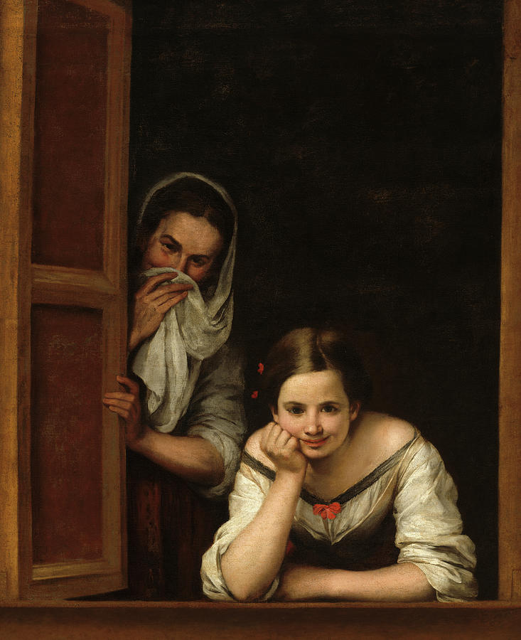 Bartolome Esteban Murillo Painting - Two Women at a Window, 1655-1660 by Bartolome Esteban Murillo