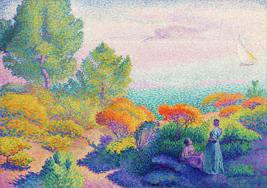 Two Women by the Shore Mediterranean Pointillism Painting by Cross Painting by Henri-Edmond Cross