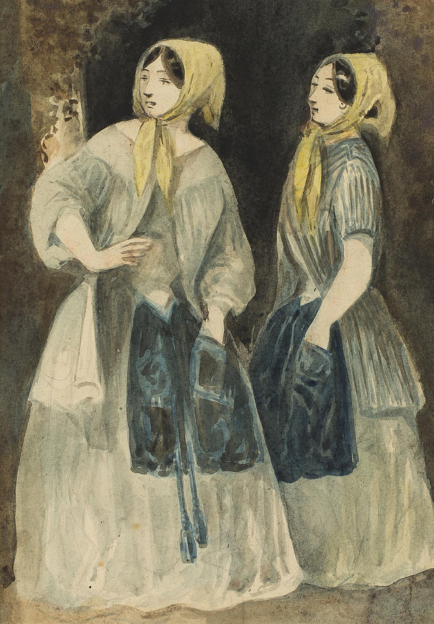 Two Women in Yellow Kerchiefs Drawing by Constantin Guys