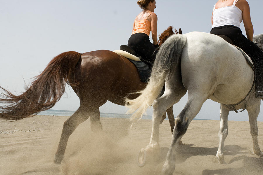 Two women riding horses on beach, rear view Photograph by Luedke and Sparrow