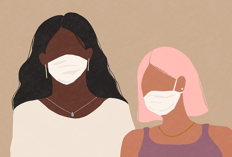 Two women wearing a medical face masks Drawing by Ada Yokota