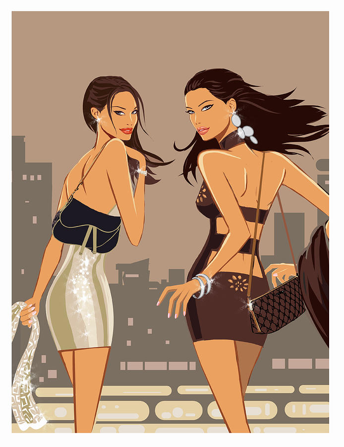 Two Women Wearing Miniskirts Looking Over Their Shoulder Drawing by Mike Wall