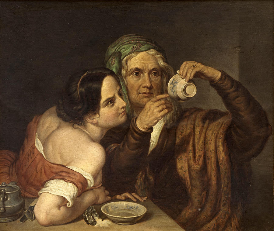Two women with a cup  Painting by Anonymous
