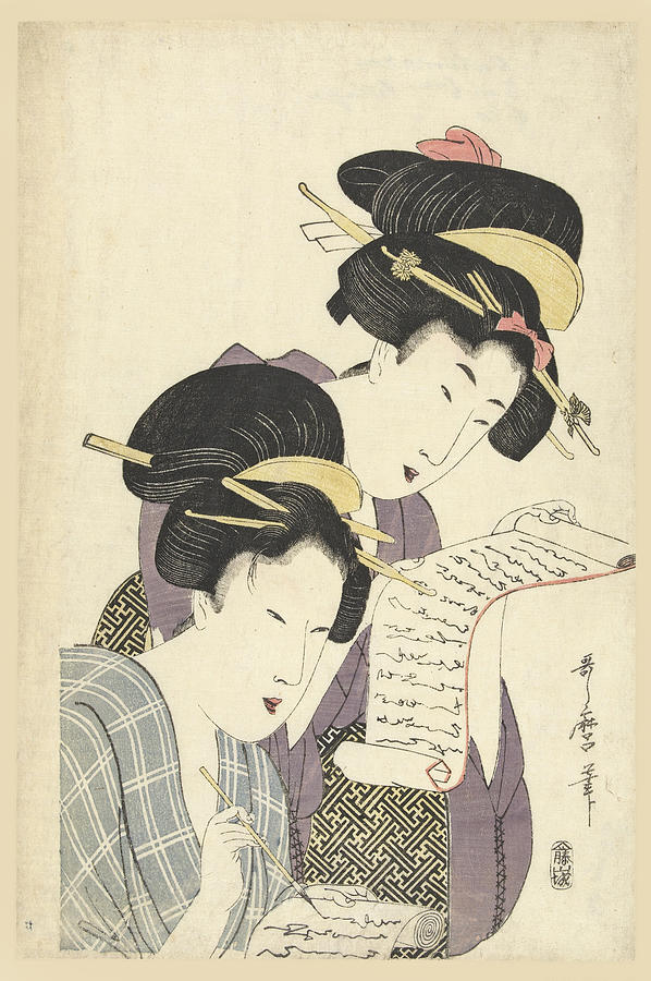 Two women with letters Drawing by Kitagawa Utamaro