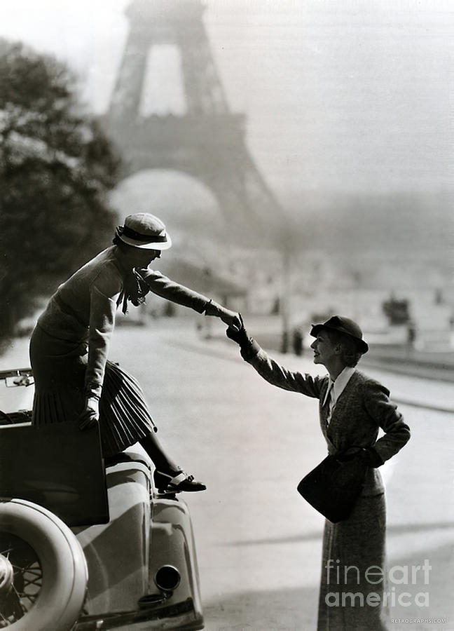Two women with vehicle in 1920s Paris Photograph by Retrographs
