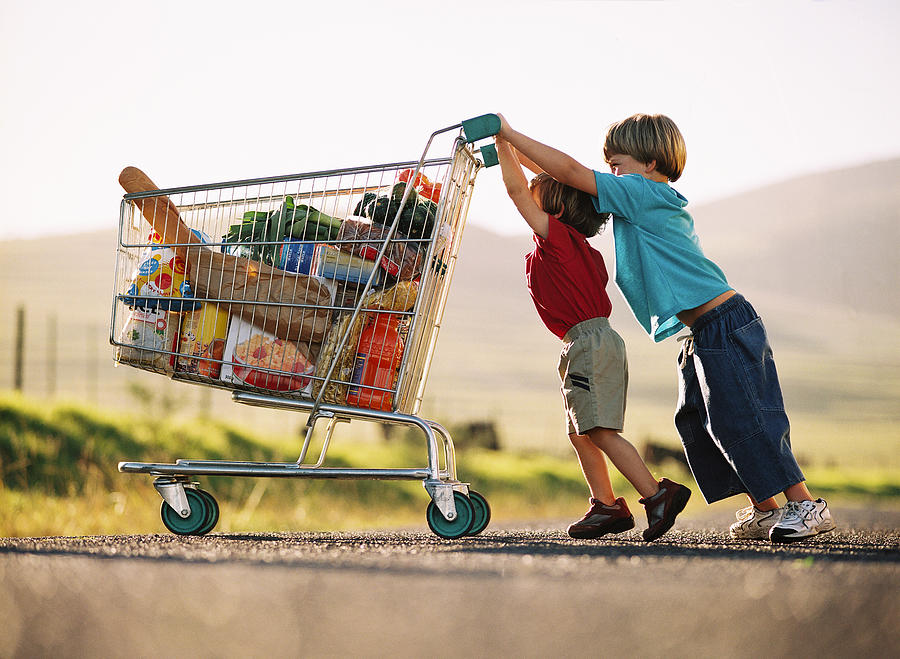Two Young Children Pushing A Shopping Cart With Groceries Photograph by Stockbyte