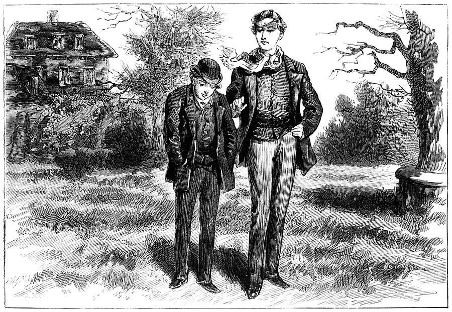 Two young men chatting - Victorian illustration Drawing by Whitemay
