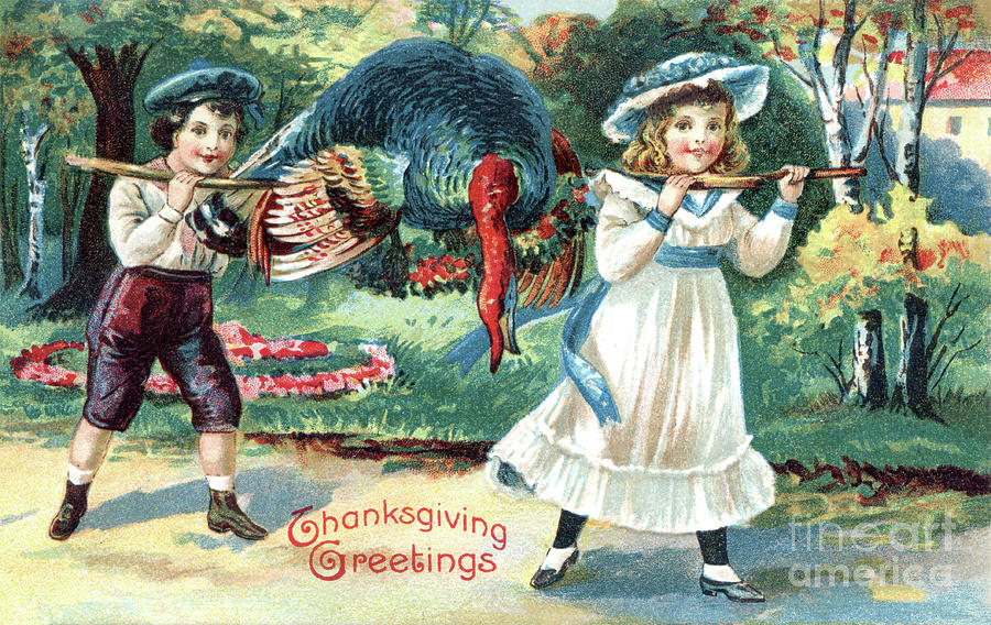 Two young people carrying a turkey home.  Digital Art by Pete Klinger
