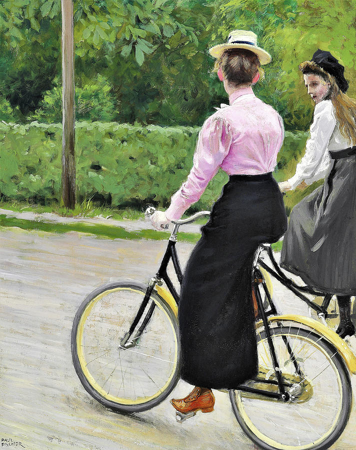 Paradise Painting - Two young women making a ride on their bikes a summer day by Paul Gustav Fischer