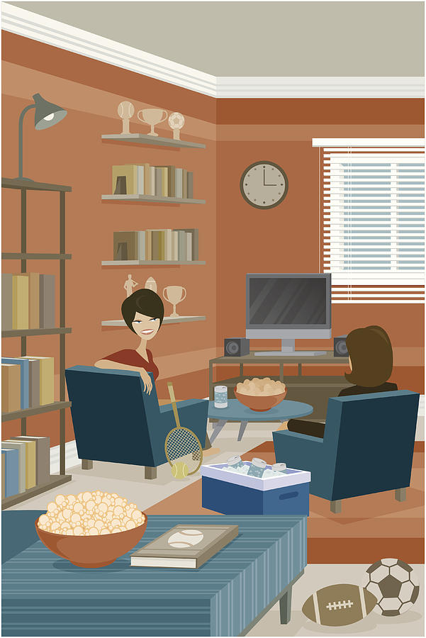 Two Young Women Sitting in Sports Themed Living Room Drawing by Bortonia