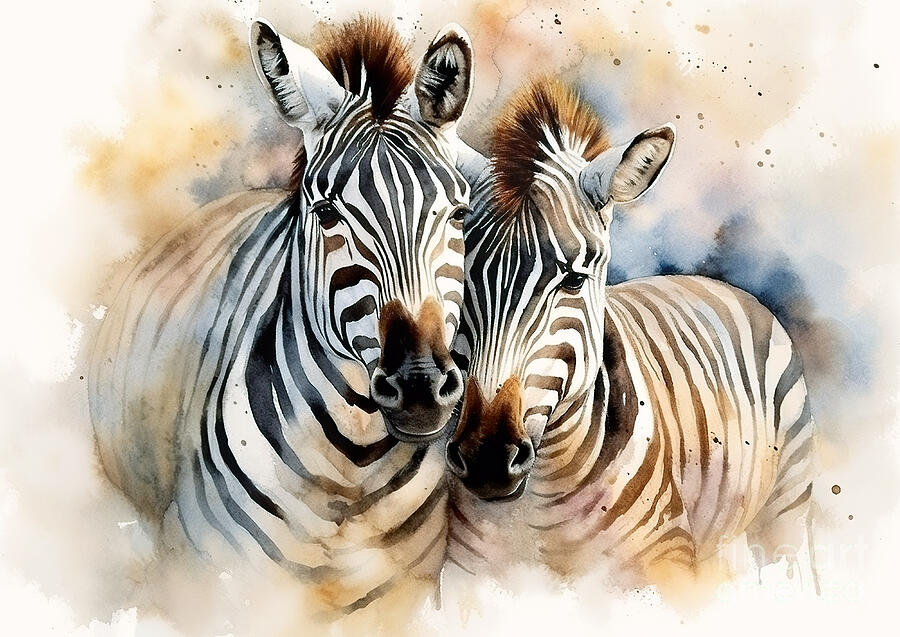 Zebra Digital Art - Two zebras appear closely positioned with their stripes merging in a visually captivating way by Odon Czintos