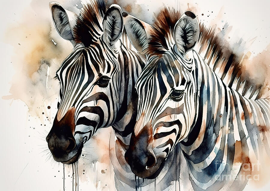 Zebra Digital Art - Two zebras are depicted with a watercolor technique, showcasing their distinctive stripes by Odon Czintos