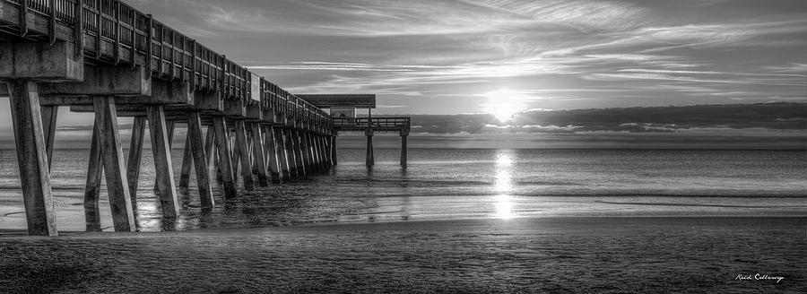 Tybee Island GA The Pier Panorama BW Atlantic Ocean Sunrise Seascape Art Photograph by Reid Callaway