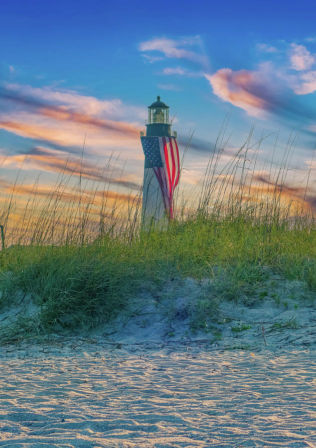 Tybee Lighthouse Flag At Sunset Photograph by Dan Sproul