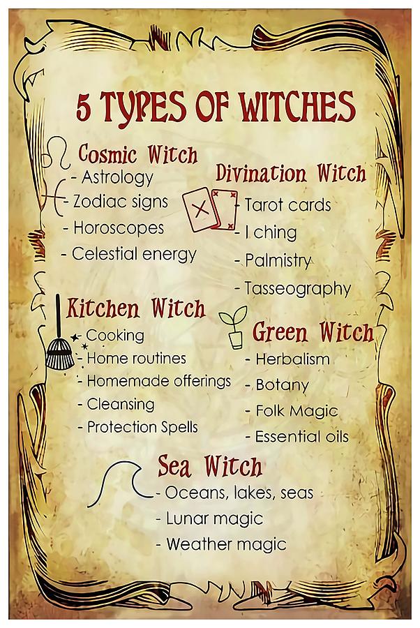Types Of Witches Poster Kitchen Witchery Art Magic Knowledge Wall Decor ...