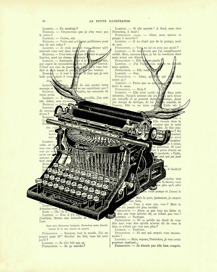 Black And White Mixed Media - Typewriter with deer antlers by Madame Memento