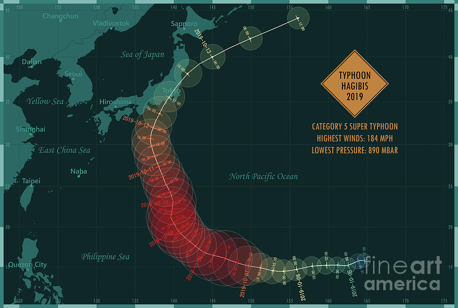 Typhoon Hagibis 2019 Track North Pacific Ocean Infographic Digital Art ...