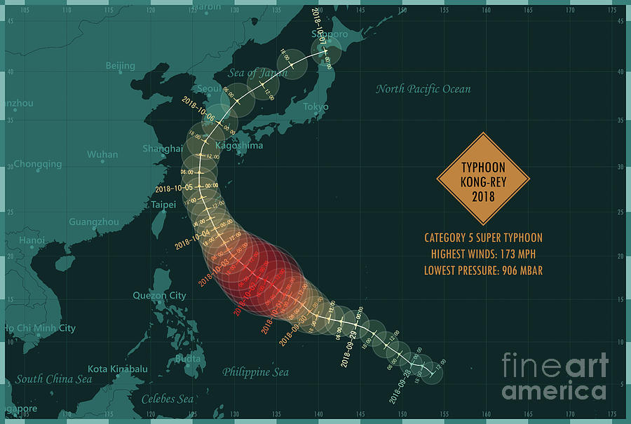 Typhoon KongRey 2018 Track East China Sea Infographic Digital Art by