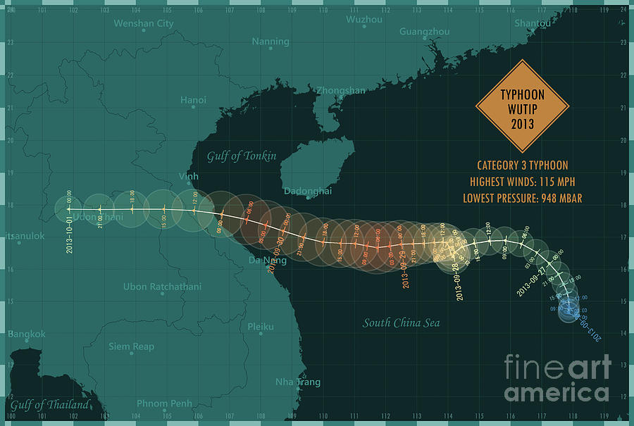 Typhoon Wutip 2013 Track South China Sea Infographic Digital Art by