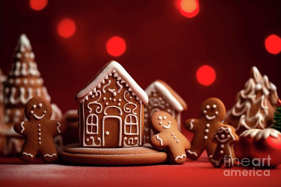 Typical Christmas gingerbread cookies, on a red background. Ai g Photograph by Joaquin Corbalan