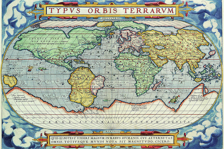 Map Drawing - Typus Orbis Terrarum from the Theatre of the World in Apian Projection by Abraham Ortelius