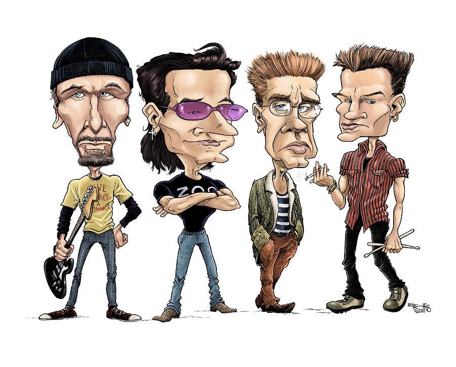 U2, 1992, in color Drawing by Mike Scott