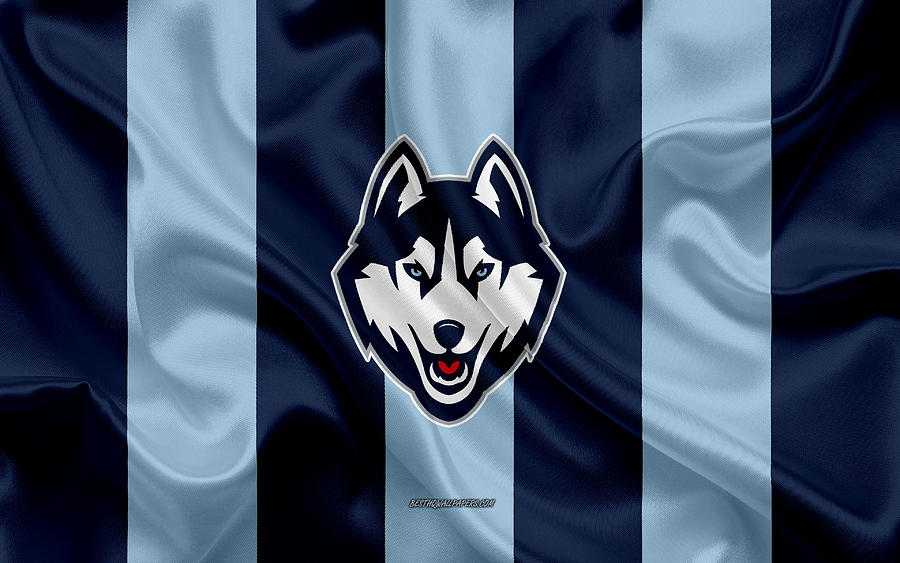 UConn Huskies American Football Team Emblem Silk Flag Blue Texture.