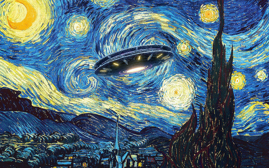 UFO Alien Abduction Starry Night Van Gogh Painting Painting by Tony Rubino