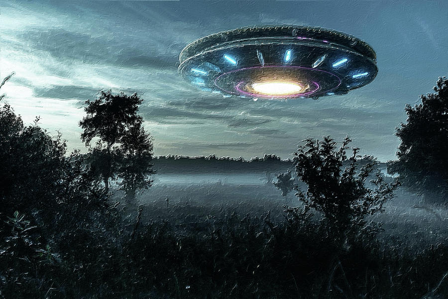 UFO, an alien plate hovering over the field, hovering motionless Painting by Tony Rubino