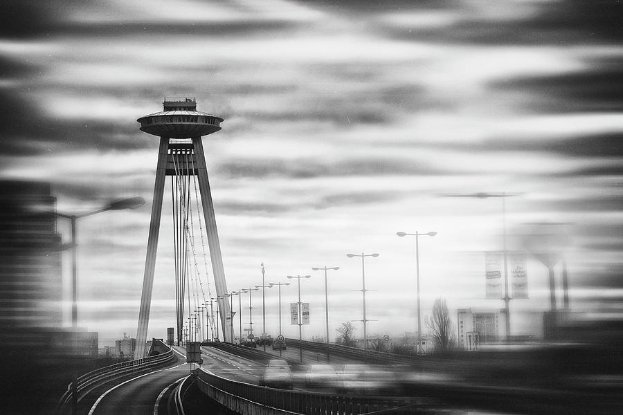UFO Bridge Bratislava Slovakia Black and White  Photograph by Carol Japp
