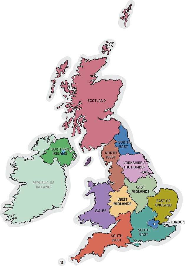 UK Sketch Map with Region Names Drawing by Jobalou