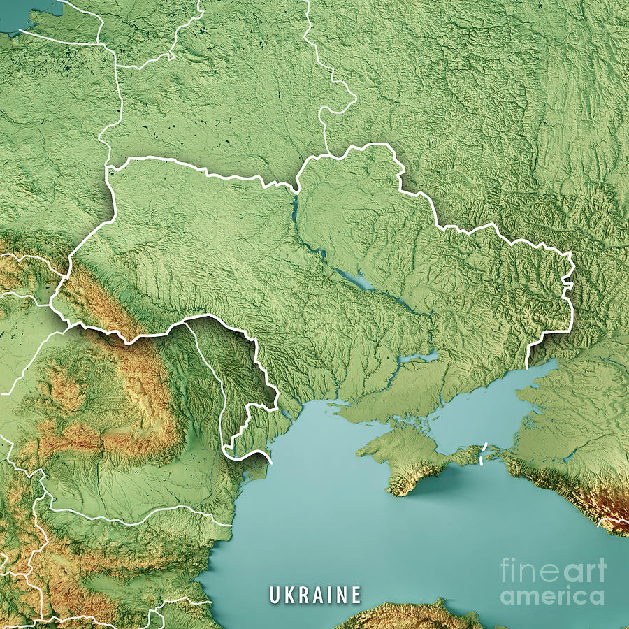 Ukraine 3D Render Topographic Map Color Border Digital Art by Frank ...