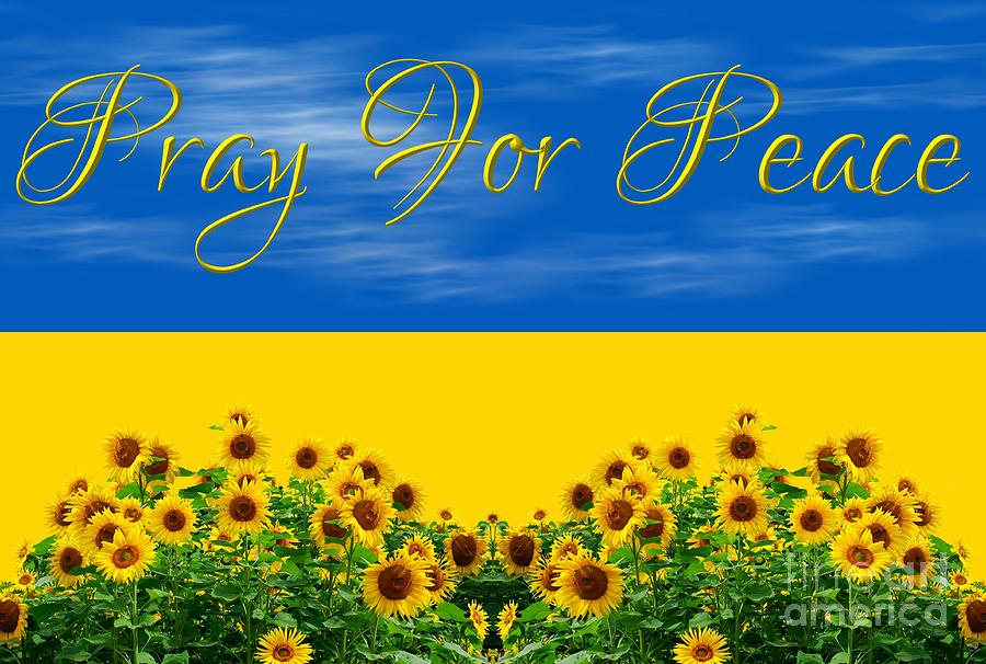 Ukraine Flag with Sky and Sunflowers Pray for Peace for Ukraine Charities Mixed Media by Rose Santuci-Sofranko