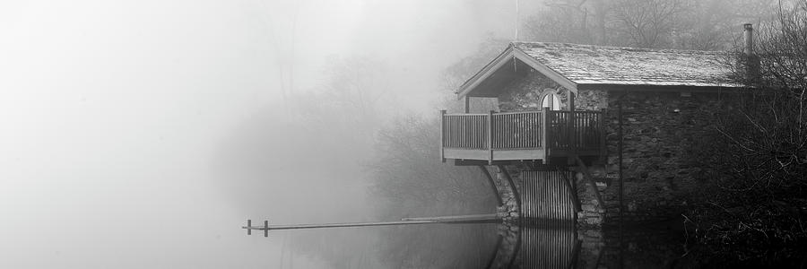 Ullswater boat house in the mist black and white lake district Photograph by Sonny Ryse