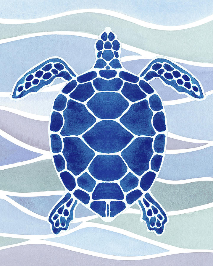 Ultramarine Blue Giant Turtle In Waves Watercolor  Painting by Irina Sztukowski