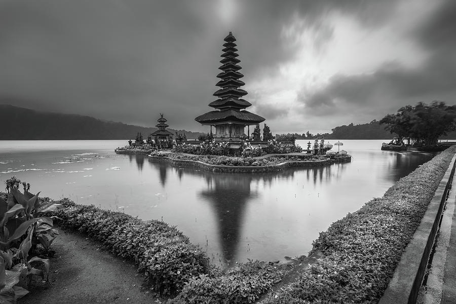 Ulun Danau Beratan temple with its reflection in the lake in black and white Photograph by Anges Van der Logt