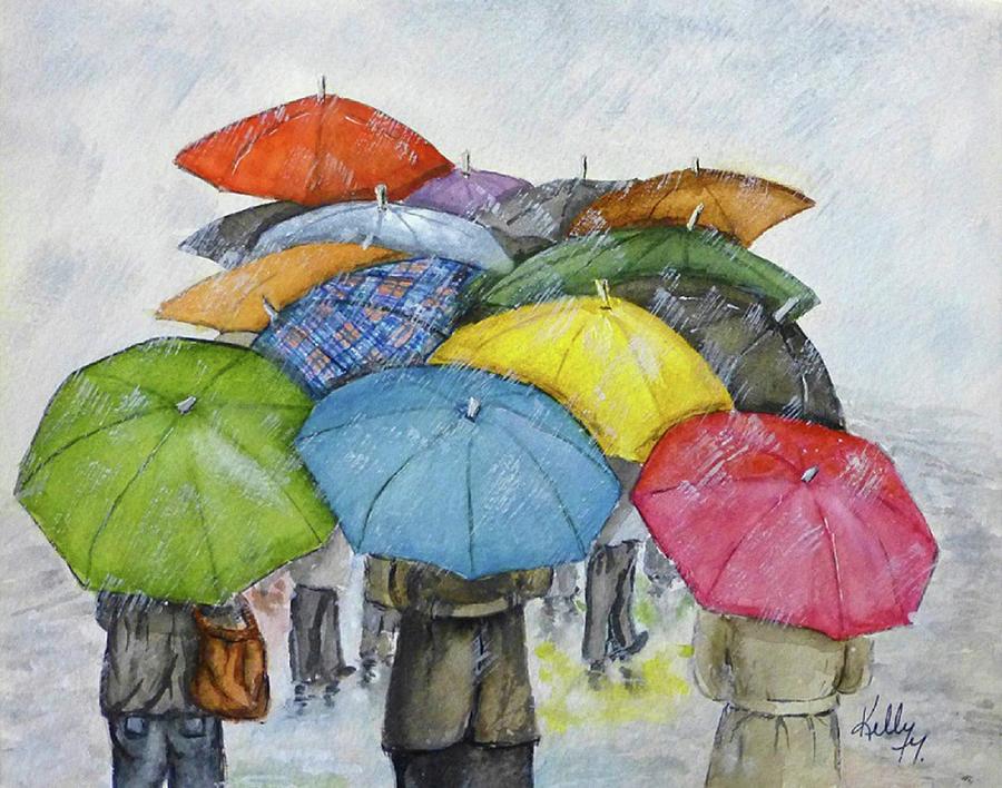 Umbrella Huddle Walk Painting by Kelly Mills