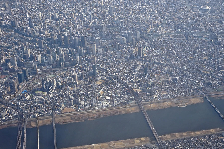 Umeda area and Yodo River in Osaka city in Osaka prefecture in Japan daytime aerial view from airplane Photograph by Taro Hama @ e-kamakura